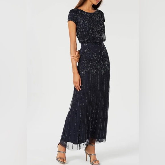 Adrianna Papell Beaded Short Sleeve Blouson Gown - Navy Size 12 - Picture 1 of 12